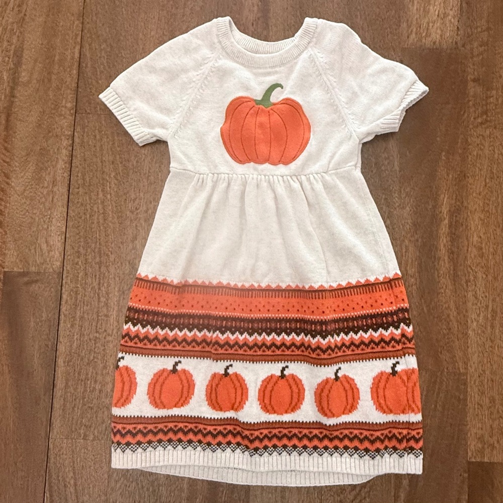Gymboree Girls 4T Pumpkin Fair Isle Sweater Dress Short Sleeve Cotton Ivory Fall